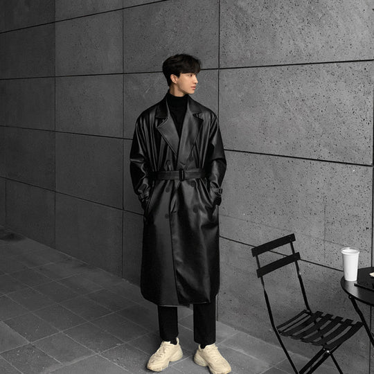 Herren modischer Longtrenchcoat aus hochwertigem Kunstleder mit elegantem Schnitt EB