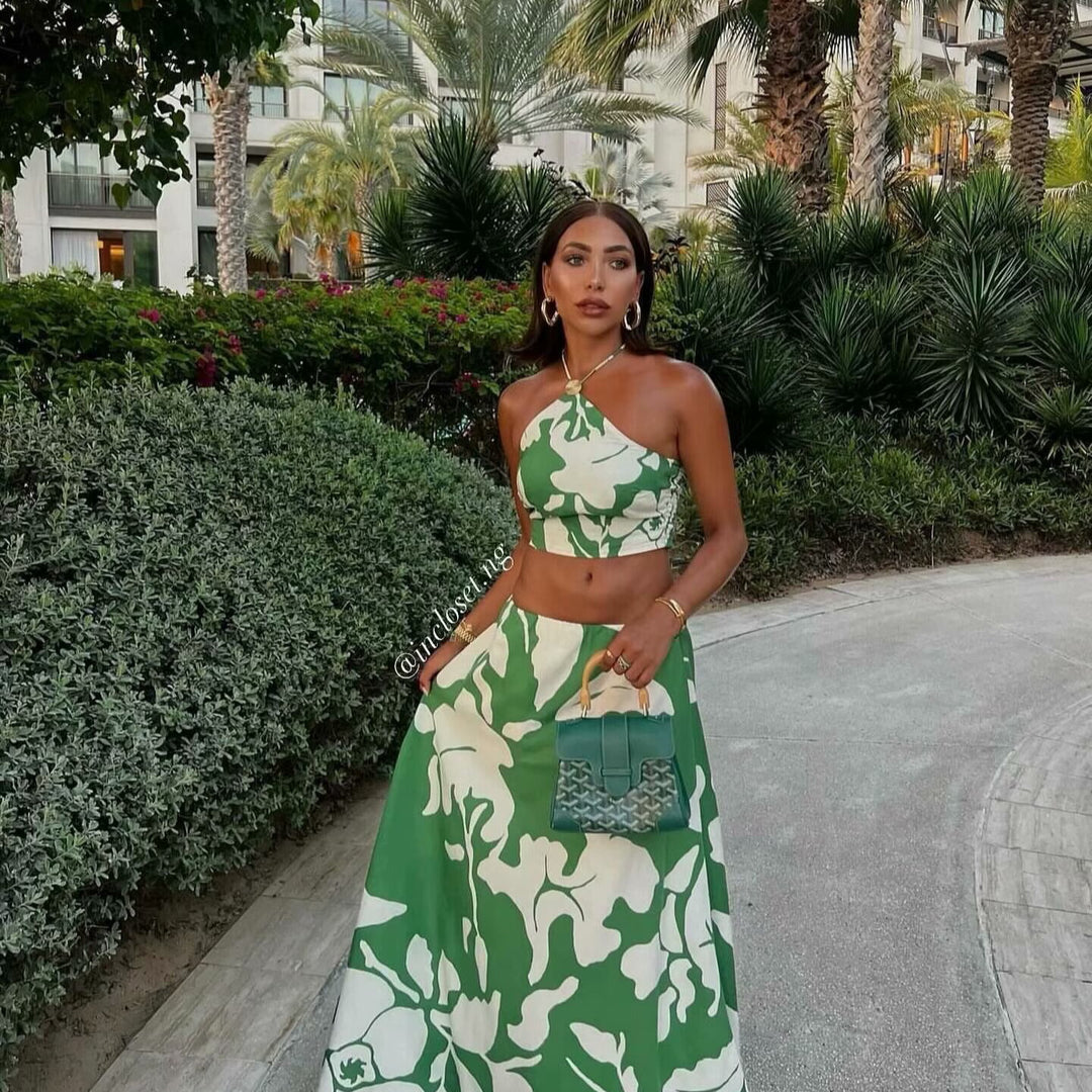 Damen Set aus Crop-Top und Maxiröcken mit floralem Design EB
