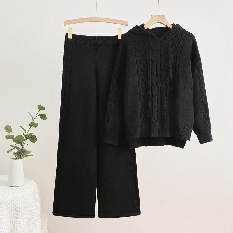 Damen lässiges Strick-Loungewear-Set mit Kapuze und breiten Beinen EB