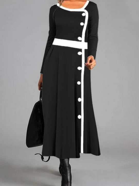 Damen elegantes Maxikleid mit kontrastierenden Knopfdetails und schwingendem Rock EB