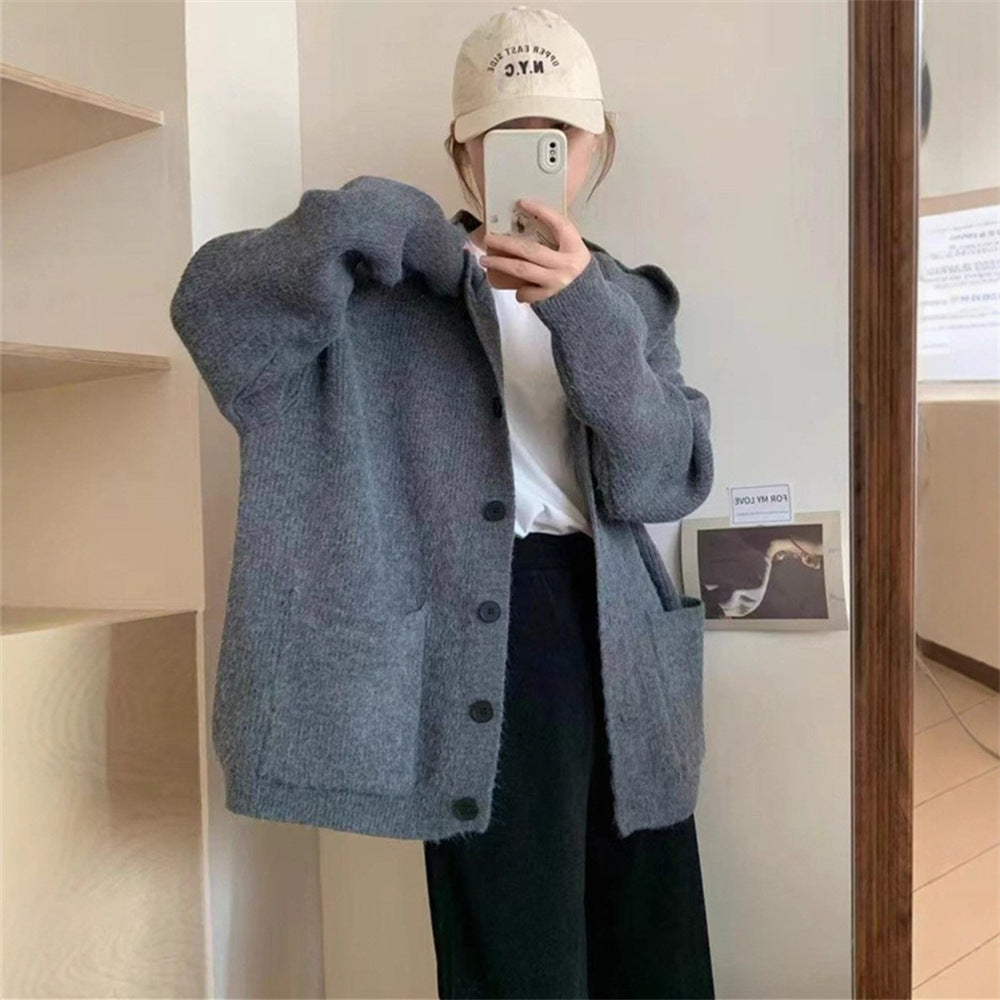 Damen kuschelige Strickjacke mit Kapuze und großen Taschen EB