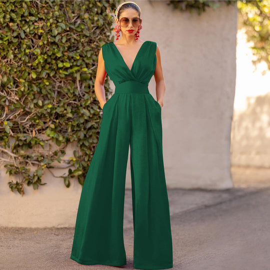 Damen Jumpsuit mit tiefem V-Ausschnitt und weit geschnittenem Bein EB