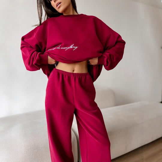 Damen Oversized Sweatshirt und hochgeschnittene Jogginghose Loungewear-Set aus weichem Baumwollfleece mit elastischem Bund EB
