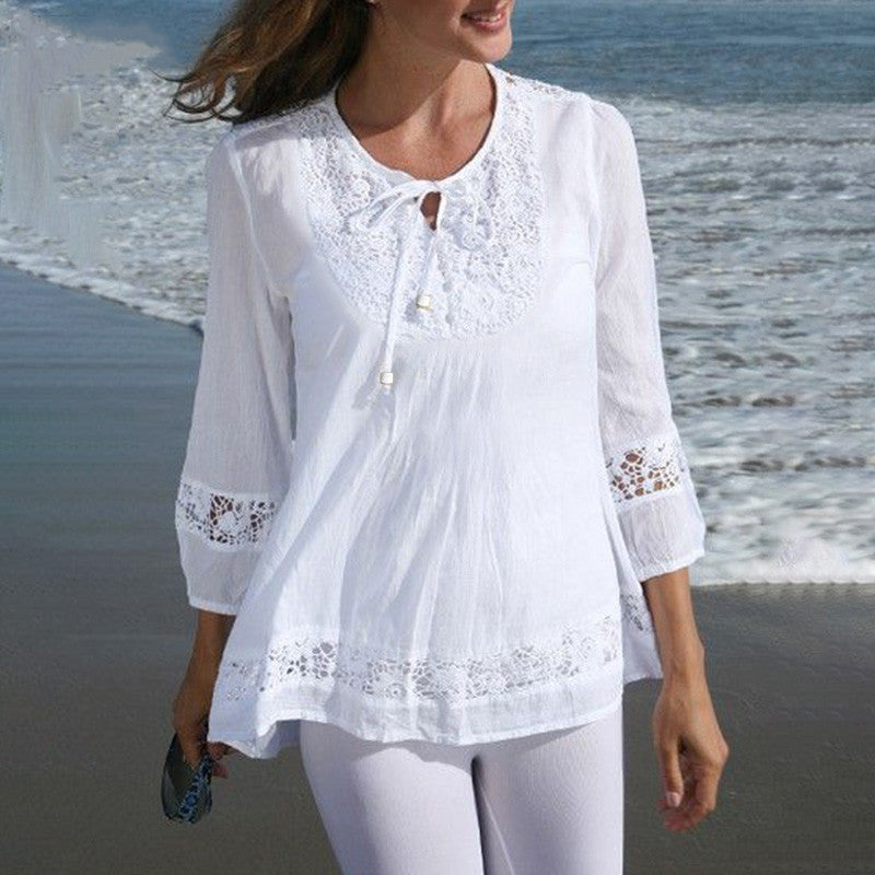 Damen Lässige Tunika-Bluse mit Häkelspitze, Bindekragen und dreiviertel Ärmeln EB