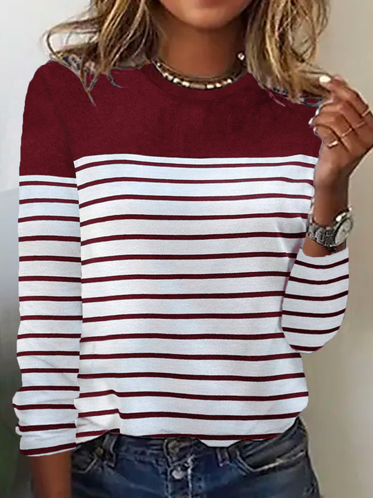Damen Lässiges Rundhals Longsleeve mit Streifenmuster EB