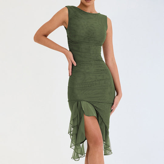 Damen figurbetontes Cocktailkleid mit raffinierten Rüschendetails und asymmetrischem Saum EB