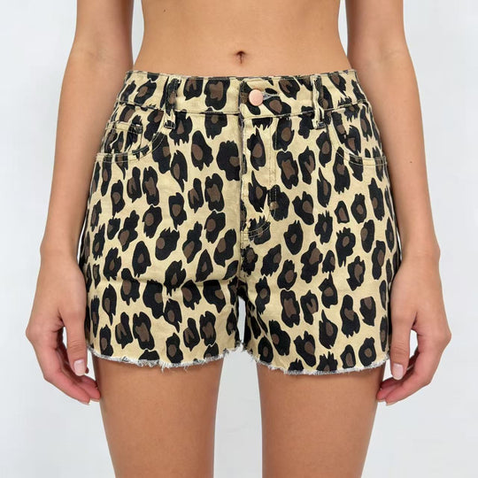 Damen lässige Leo-Shorts mit fransigem Saum und hohen Taschen EB