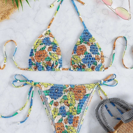 Damen Triangel-Bikini mit buntem Floral-Muster und elastischen Bindebändern EB