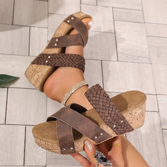 Damen Wedge-Sandalen mit geflochtenem Riemendesign und eleganter Korksohle EB