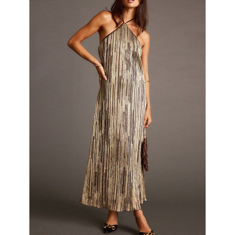 Damen Elegantes Maxikleid mit schimmerndem Streifenmuster und Rückenbindeband EB