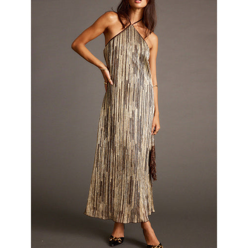 Damen Elegantes Maxikleid mit schimmerndem Streifenmuster und Rückenbindeband EB