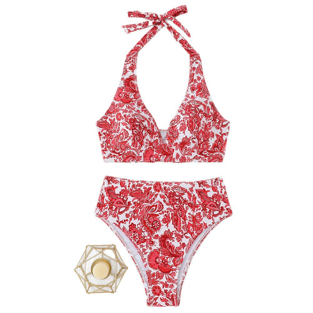 Damen Hochtailliertes Bikini-Set mit floralem Design und verspieltem Halteroberteil EB