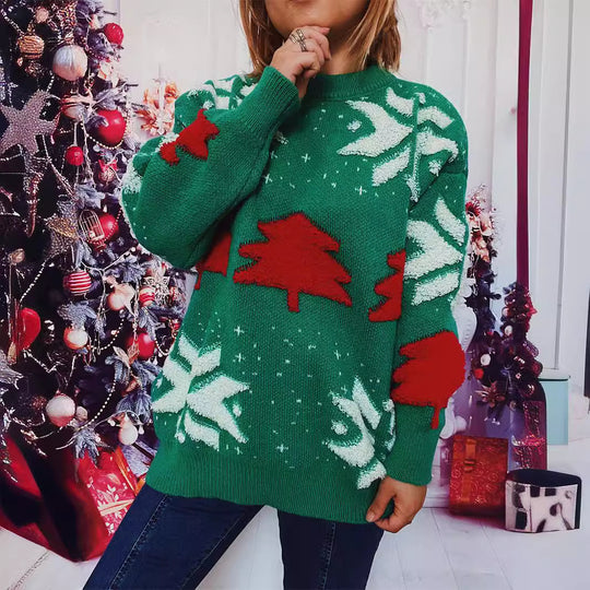 Damen lässiger Pullover mit festlichem Wintermotiv EB