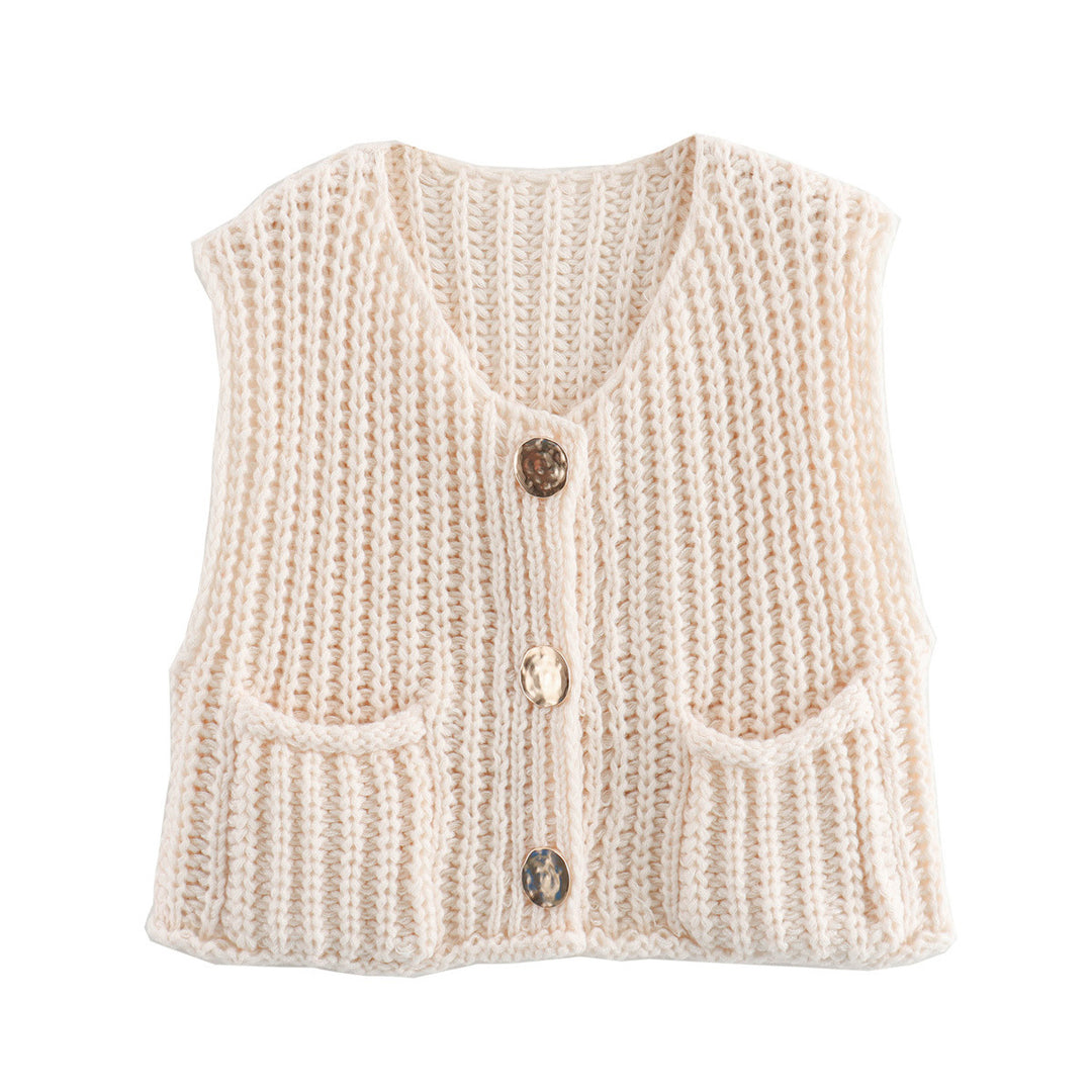 Damen Strickweste mit Taschen und Knopfdetail EB