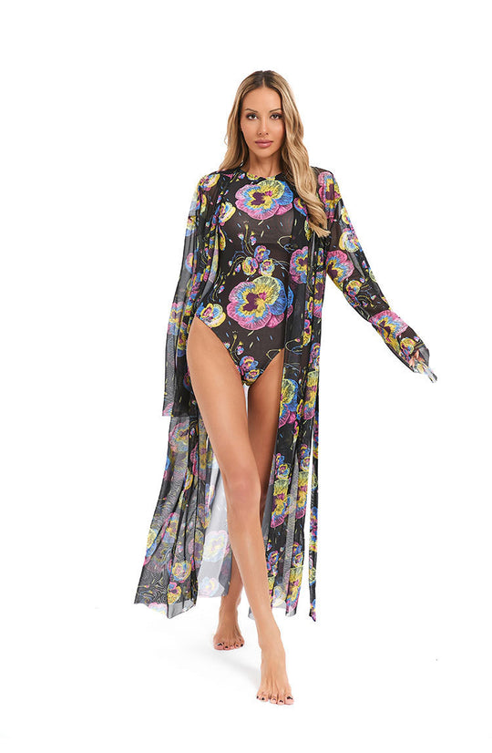 Damen eleganter transparenter Strandkimono mit floralem Design EB