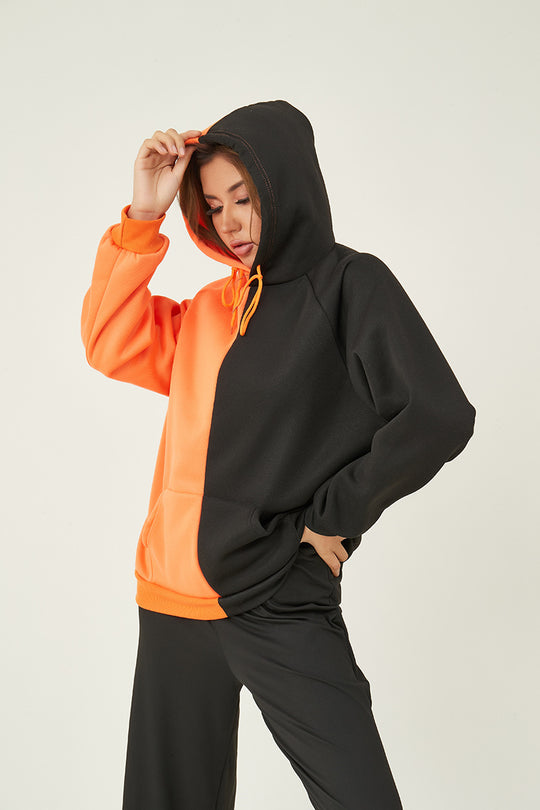 Damen nan Kapuzenpullover mit kontrastreichem Blockdesign, Oversize-Schnitt und Kängurutasche EB