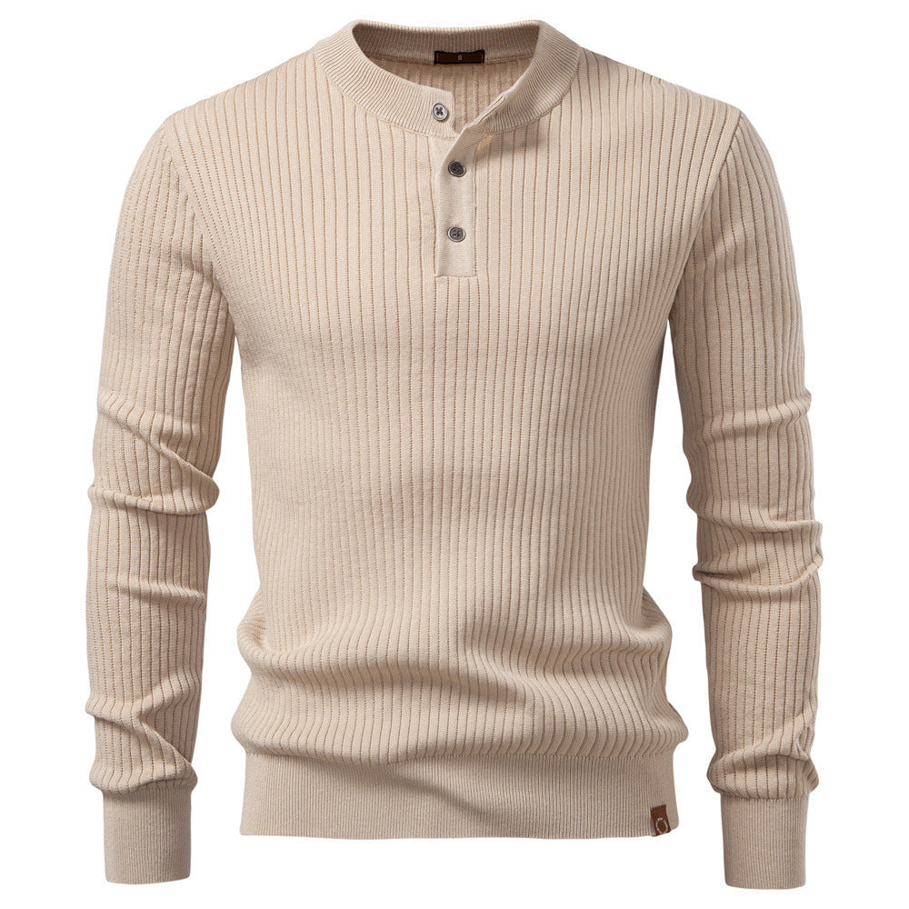 Herren nan gerippter Langarm-Henleypullover mit Stehkragen, feinem Rippstrick und schmaler Passform EB