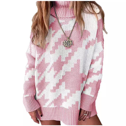 Damen Grobstrickpullover mit hohem Kragen und modernem geometrischen Muster EB