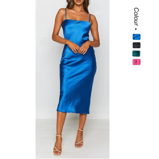 Damen Satin-Midikleid mit schmalen Spaghettiträgern und elegantem Schnitt EB
