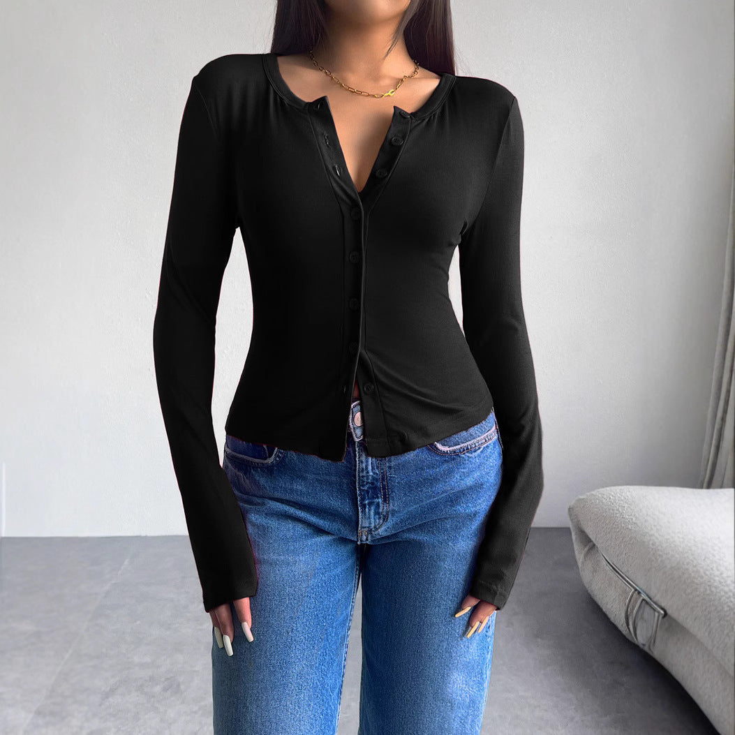 Damen Langarmshirt mit modischer Knopfleiste und figurschmeichelndem Schnitt EB