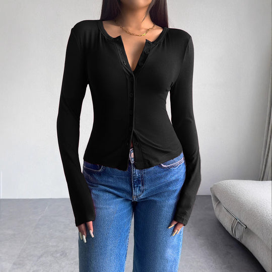Damen Langarmshirt mit modischer Knopfleiste und figurschmeichelndem Schnitt EB