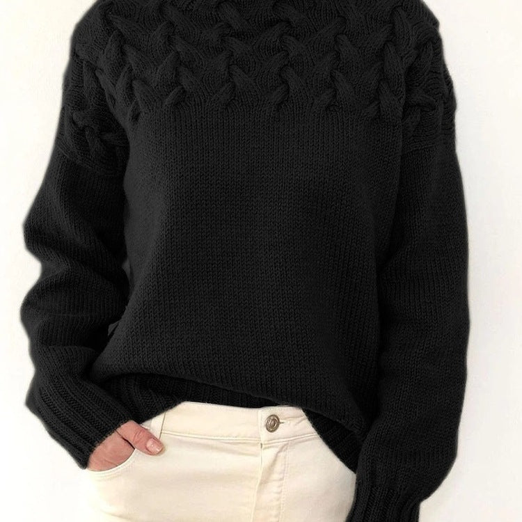 Damen Strickpullover mit hochgeschlossenem Kragen und trendigem Zopfmuster EB