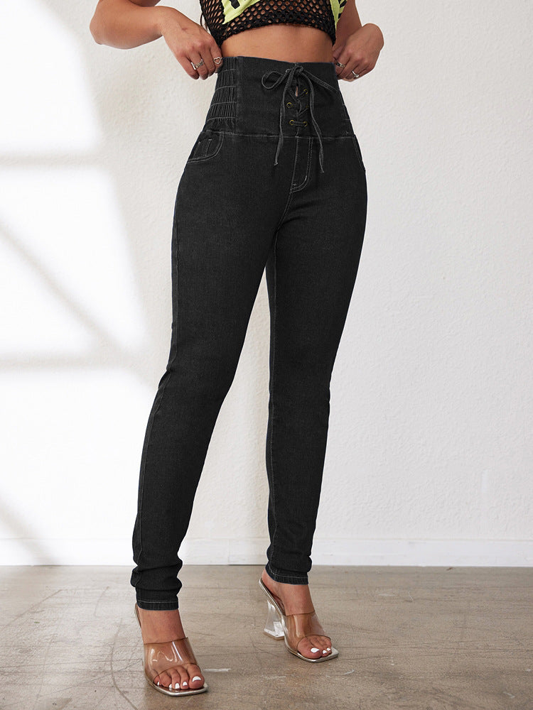 Damen Hochtaillierte Jeans mit Schnürdetails EB