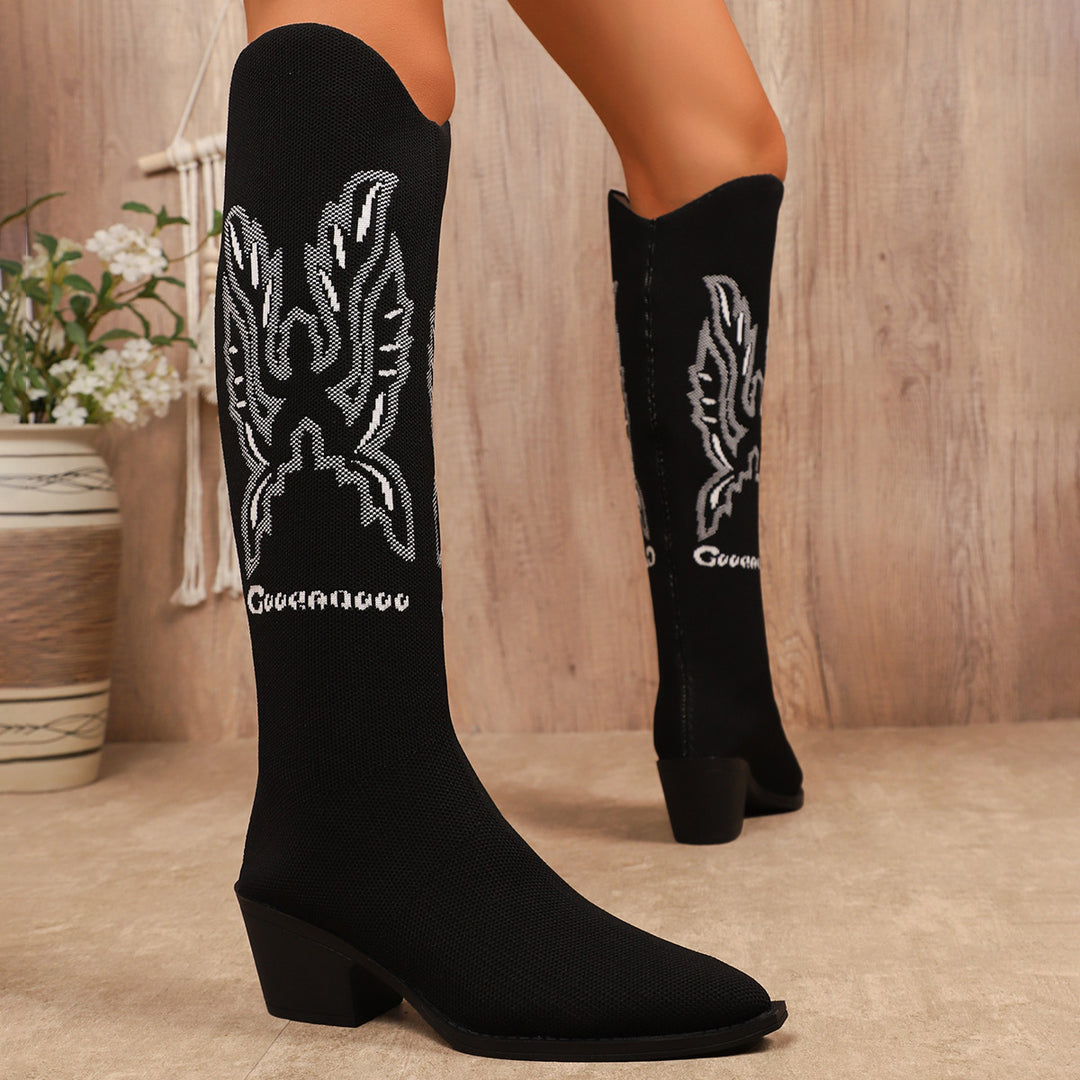 Damen Modische Stiefel mit hochwertigem Strickdesign und elegantem Blockabsatz EB