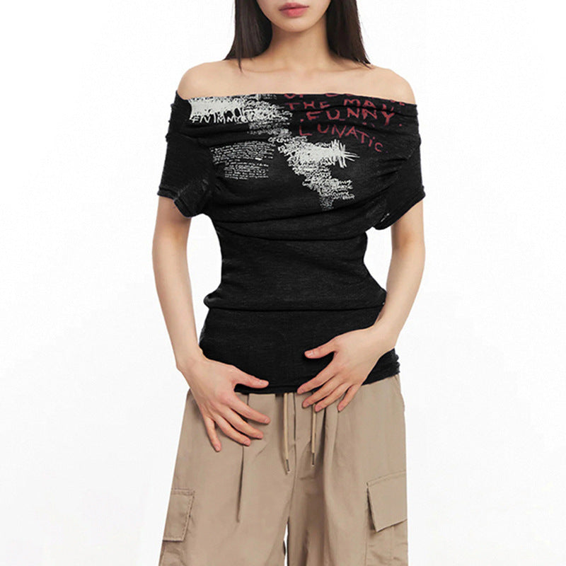 Damen Off-Shoulder T-Shirt mit künstlerischem Druck und figurbetontem Schnitt EB