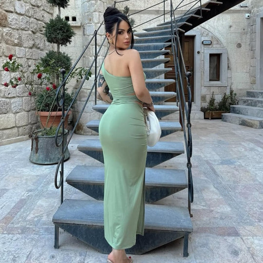 Damen asymmetrisches Maxikleid mit Rüschen und hohem Seitenschlitz EB