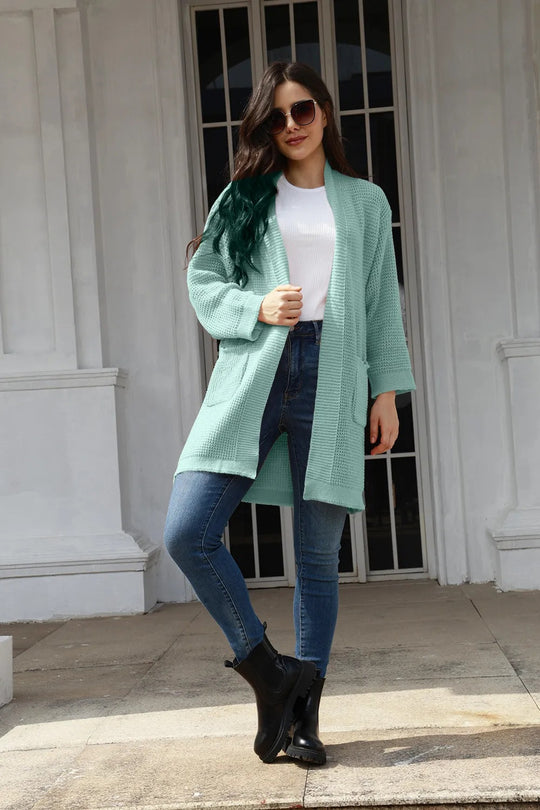 Damen lässiger Strickcardigan mit offenen Taschen und modernem Waffelmuster EB
