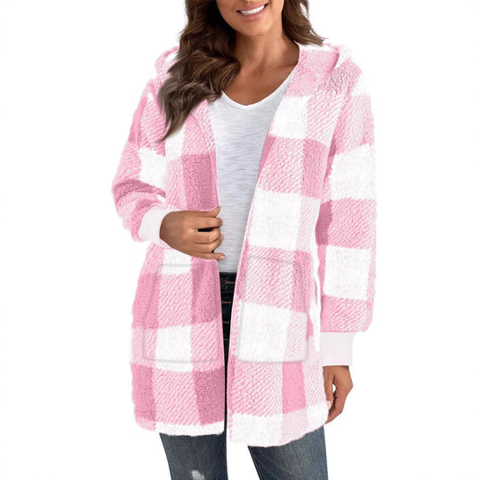 Damen Fleecejacke mit Karomuster und Kapuze EB