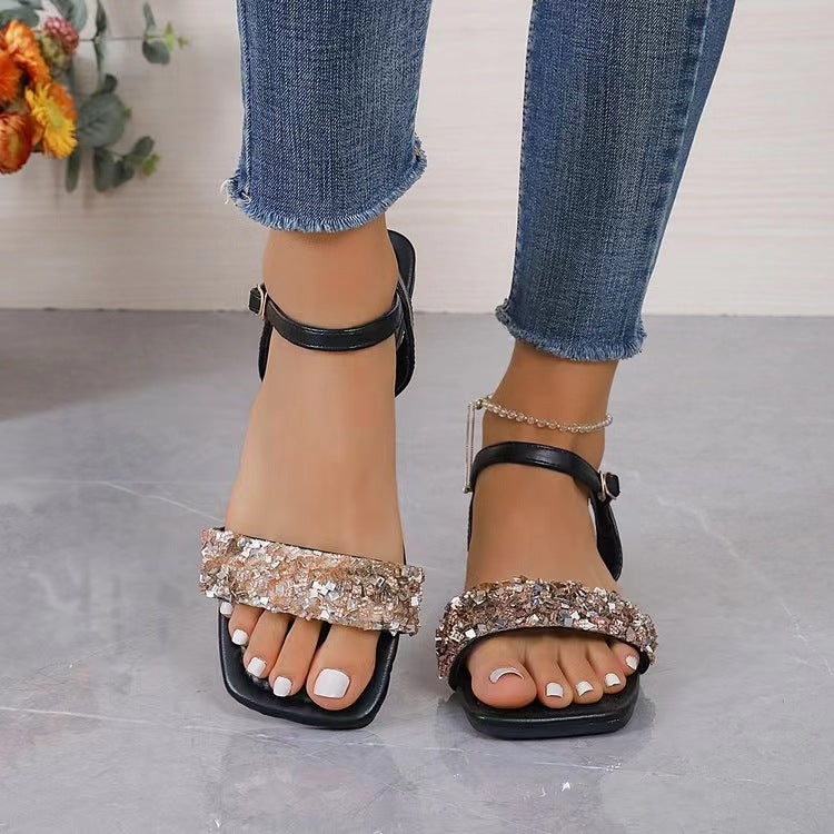 Damen Glamouröse Strandsandalen mit funkelnden Strass-Akzenten und komfortabler Sohle EB