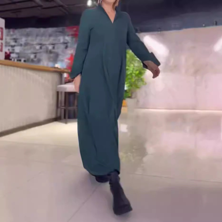 Damen nan fließendes Maxikleid mit V-Ausschnitt, kastiger A-Linie und langen Ärmeln EB