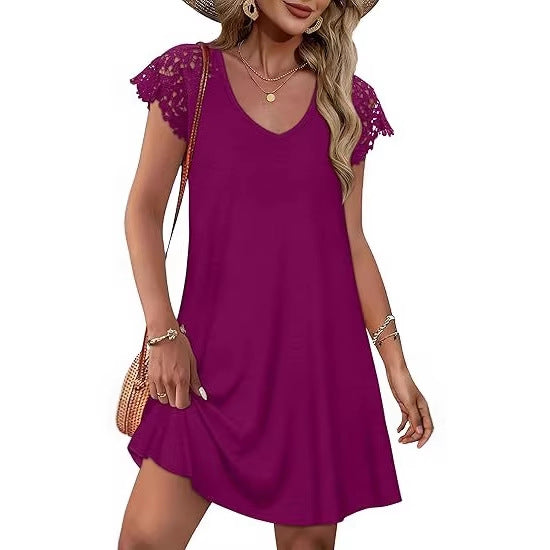 Damen Sommerkleid mit eleganten Spitzenärmeln und floralem Muster EB