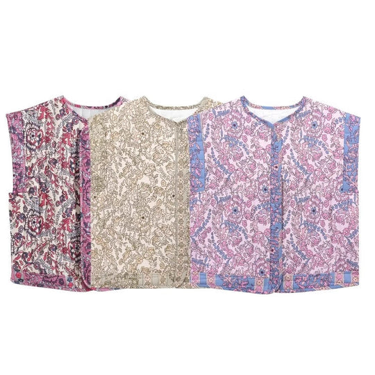 Damen Gesteppte Weste mit Floralem Design und Praktischen Taschen EB