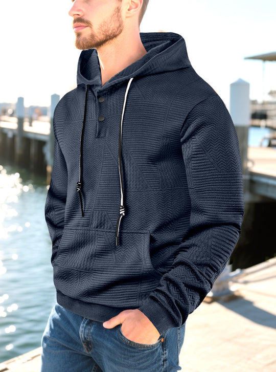 Herren nan geometrischer Struktur-Kapuzenpullover mit Henley-Blende und Kängurutasche EB