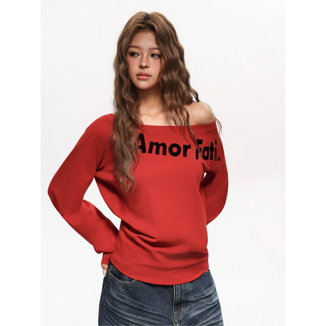 Damen nan asymmetrisches Sweatshirt mit überschnittenem Ausschnitt, diagonalem typografischem Print und ballonartigen Ärmeln EB