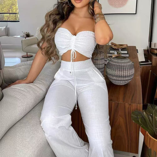 Damen Set aus Crop Top und Weitbein-Hose mit Raffdetails EB