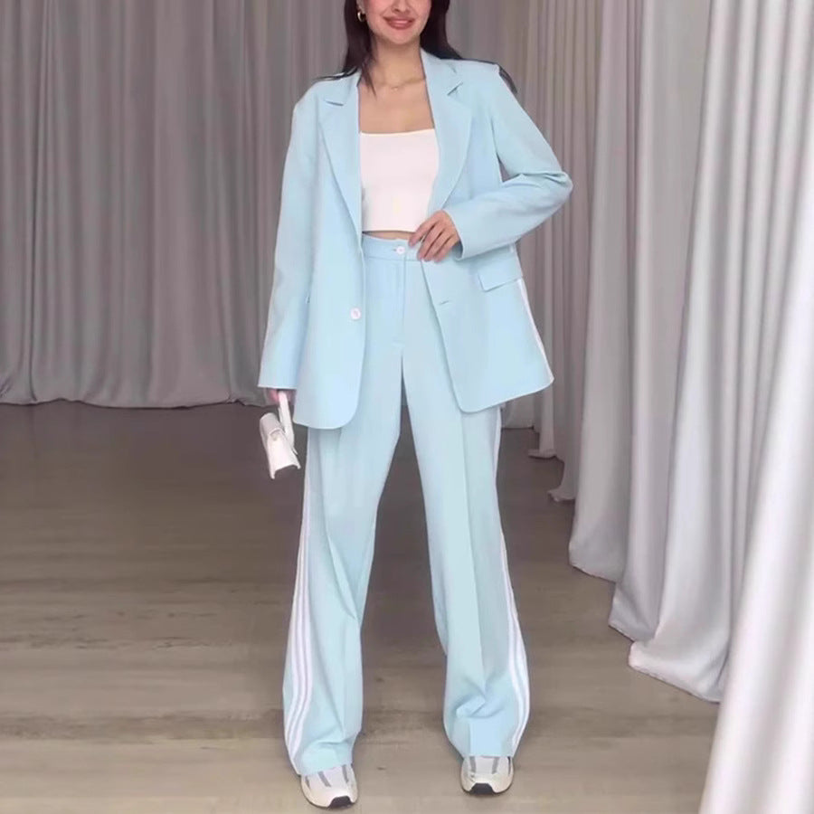 Damen Modisches Blazer-Hosen-Set mit kontrastierenden Streifen EB