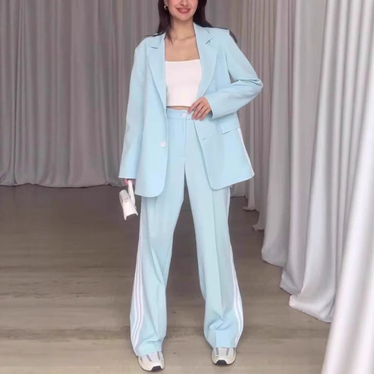 Damen Modisches Blazer-Hosen-Set mit kontrastierenden Streifen EB