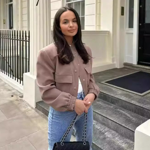 Damen lässige cropped Jacke mit praktischen Taschen und elastischem Saum EB