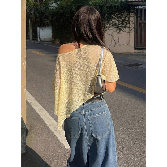 Damen lässiges Crop-Top aus leichtem Strickstoff mit asymmetrischem Saum EB