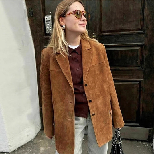 Damen klassische Blazerjacke aus weichem Material mit aufgesetzten Taschen EB