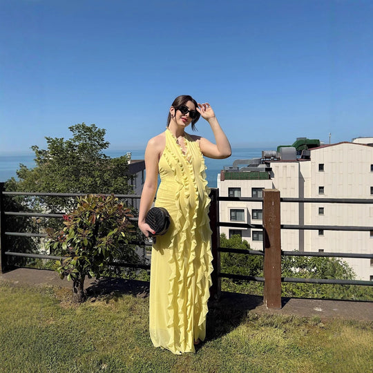 Damen Maxikleid mit voluminösem Rüschendesign EB