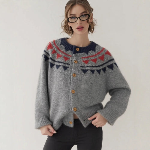 Damen kuscheliger Strickcardigan mit grafischem Norweger-Muster und Holzknopfdetails EB