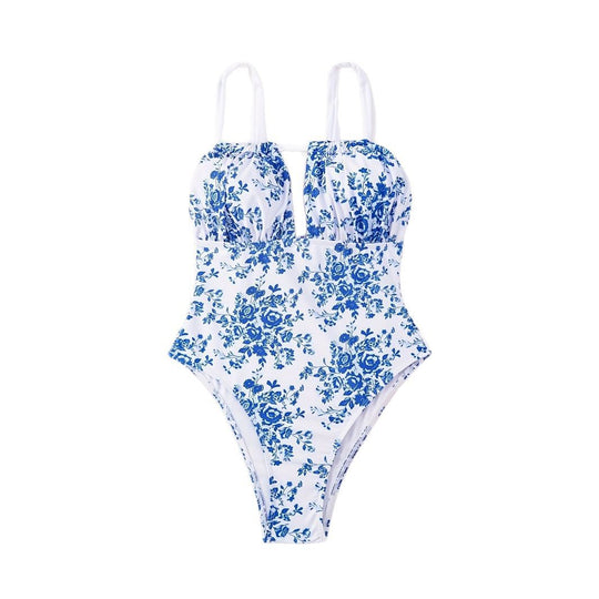 Damen Einteiliger Badeanzug mit floralem Design und tiefem V-Ausschnitt EB