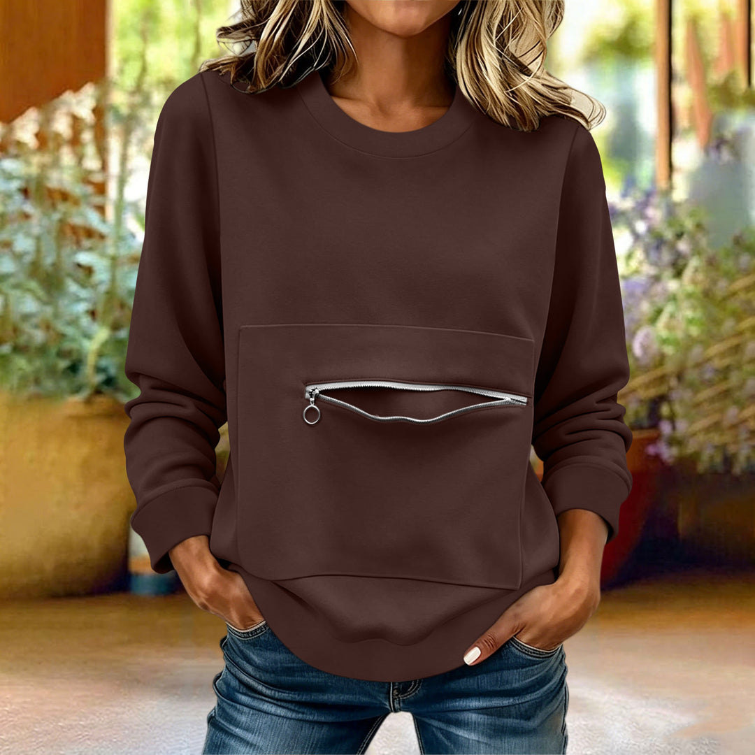Damen nan locker geschnittenes Sweatshirt mit Frontreißverschlusstasche und Rundhalsausschnitt EB
