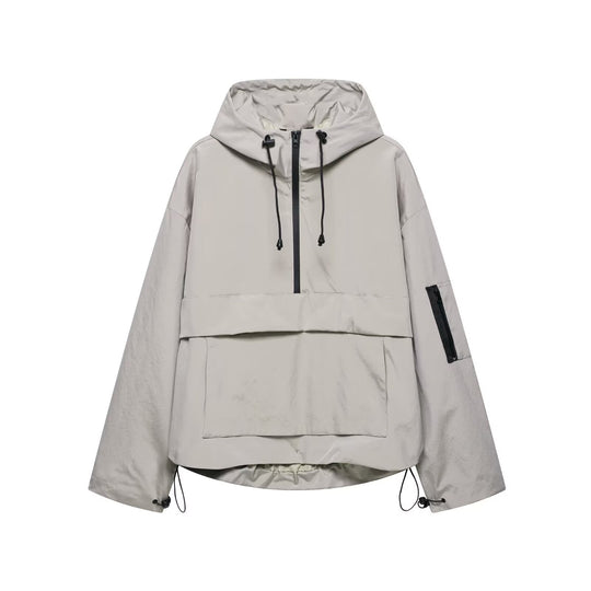 Damen nan winddichter Oversize Anorak mit Halbzip, Kängurutasche und verstellbarer Kapuze EB