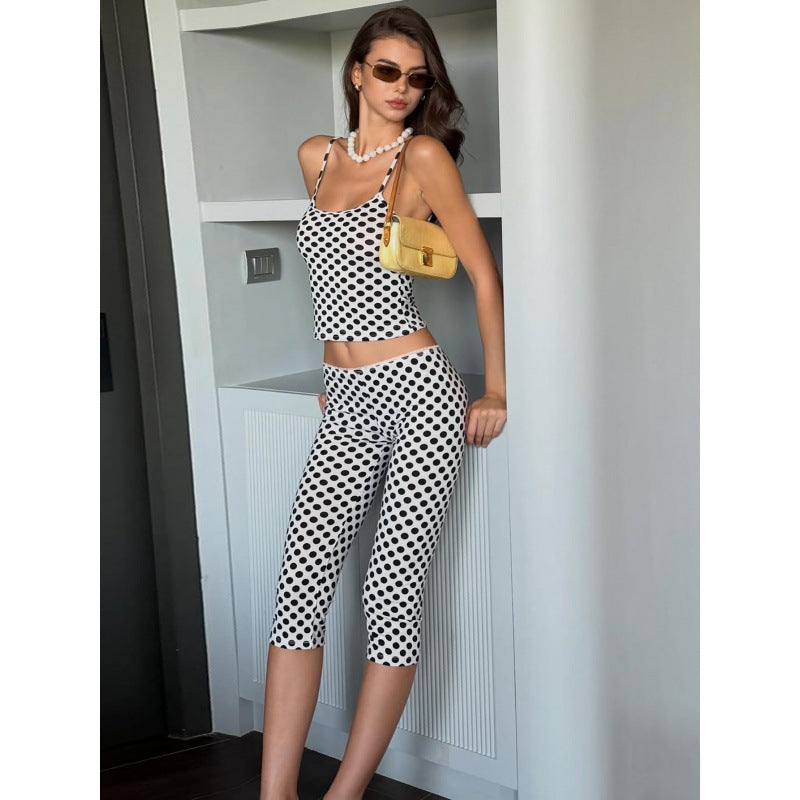 Damen modisches Polka-Dot-Outfit Set mit Crop-Top und knöchellangen Leggings EB